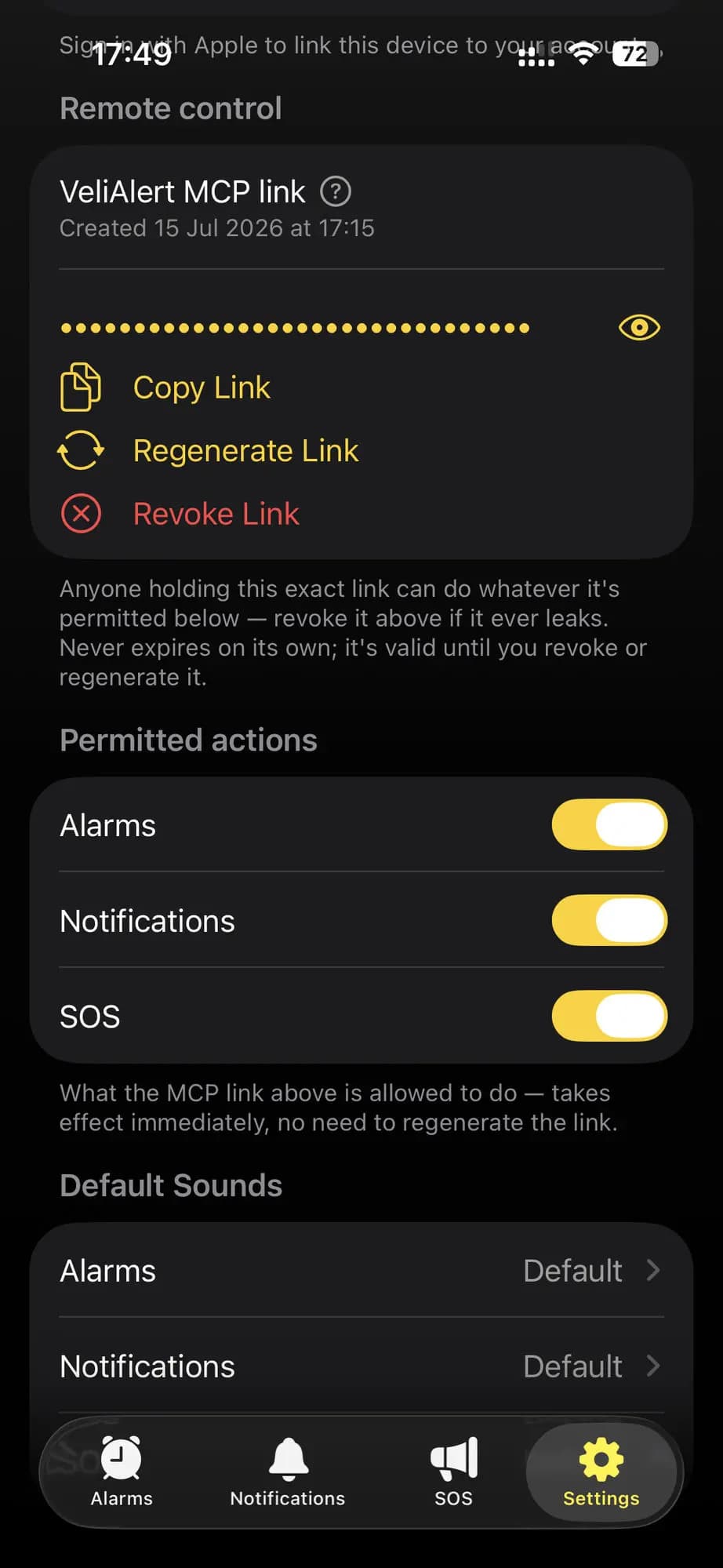 Remote control settings, with the MCP link and permitted actions